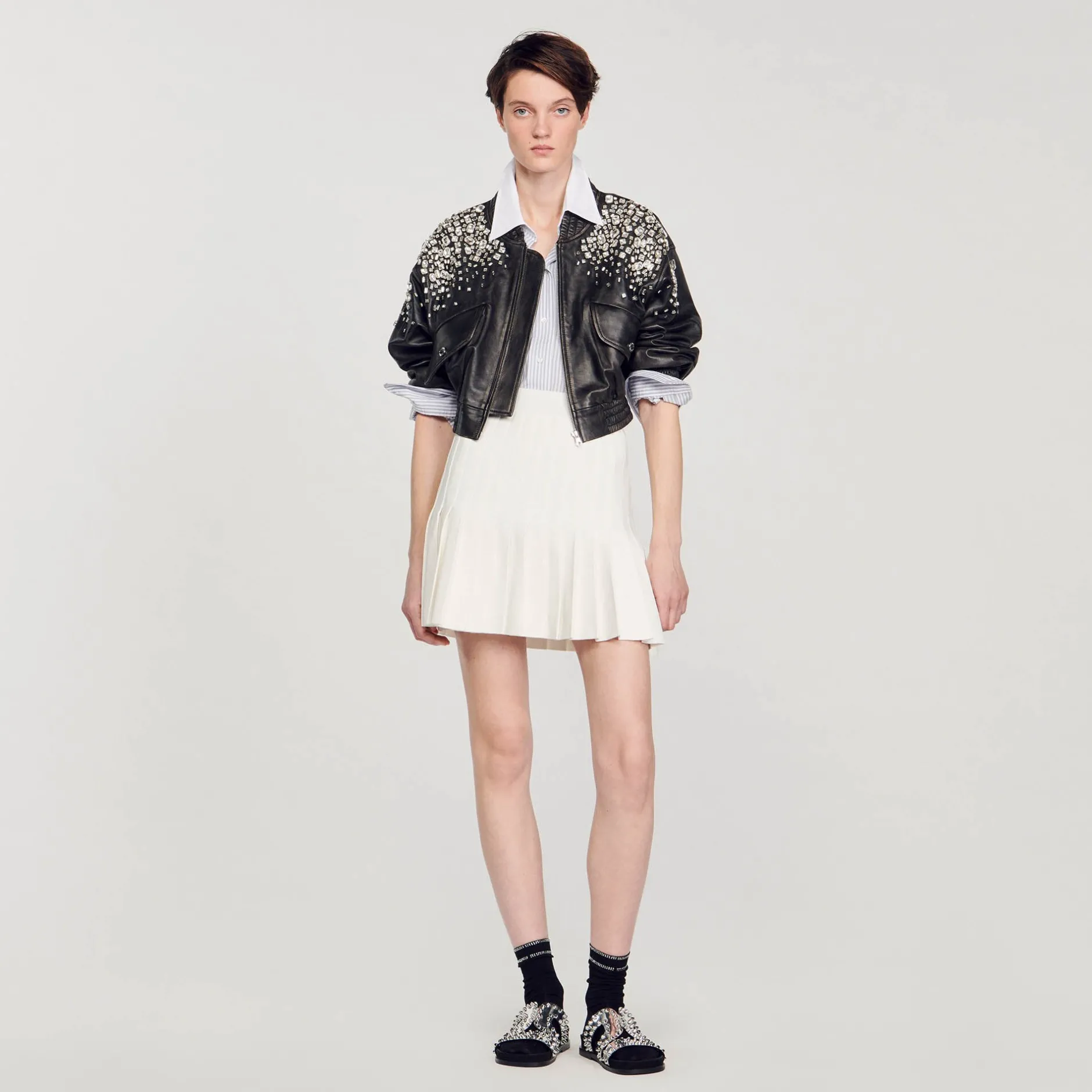 Femme SANDRO Blouson En Cuir Orné De Cristaux