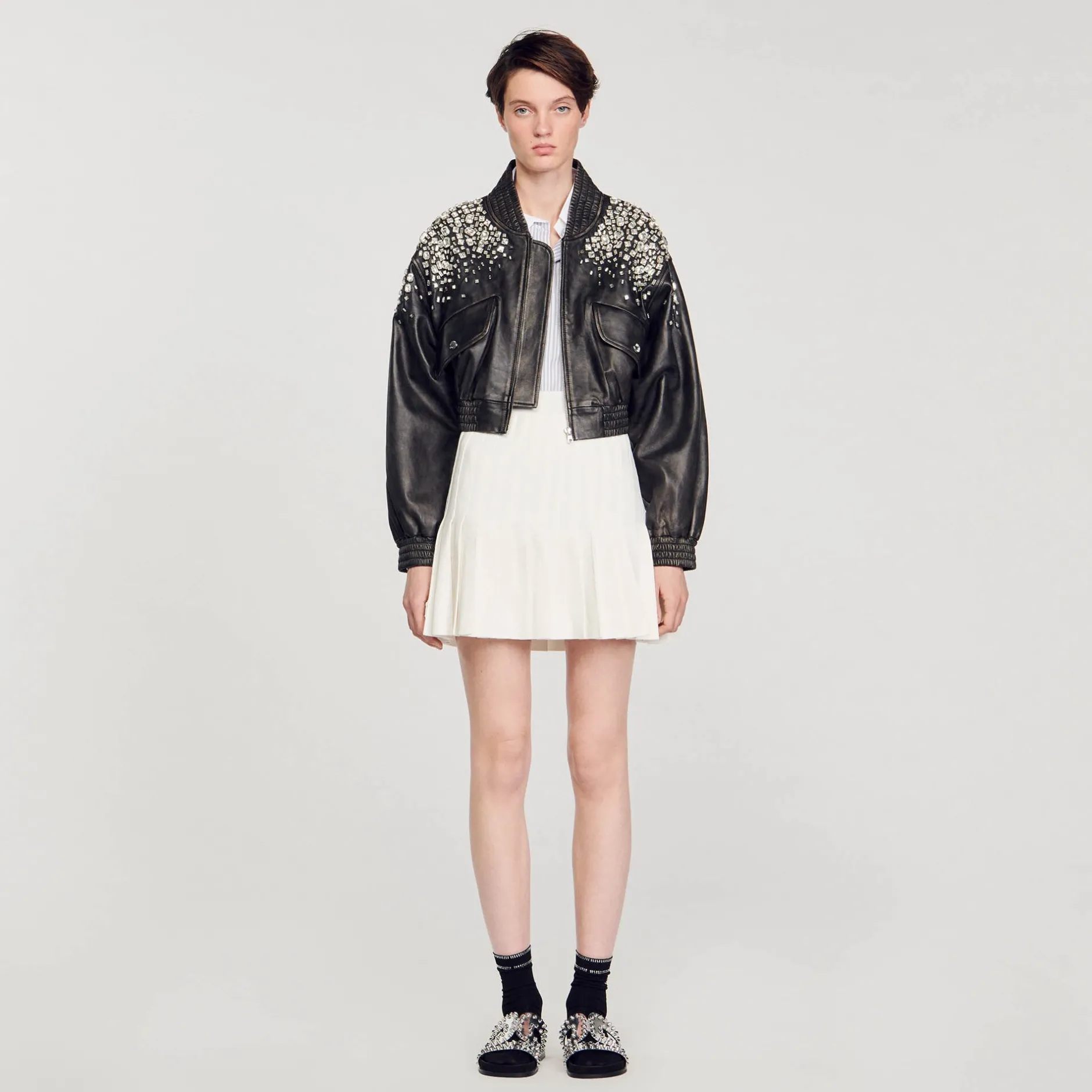 Femme SANDRO Blouson En Cuir Orné De Cristaux