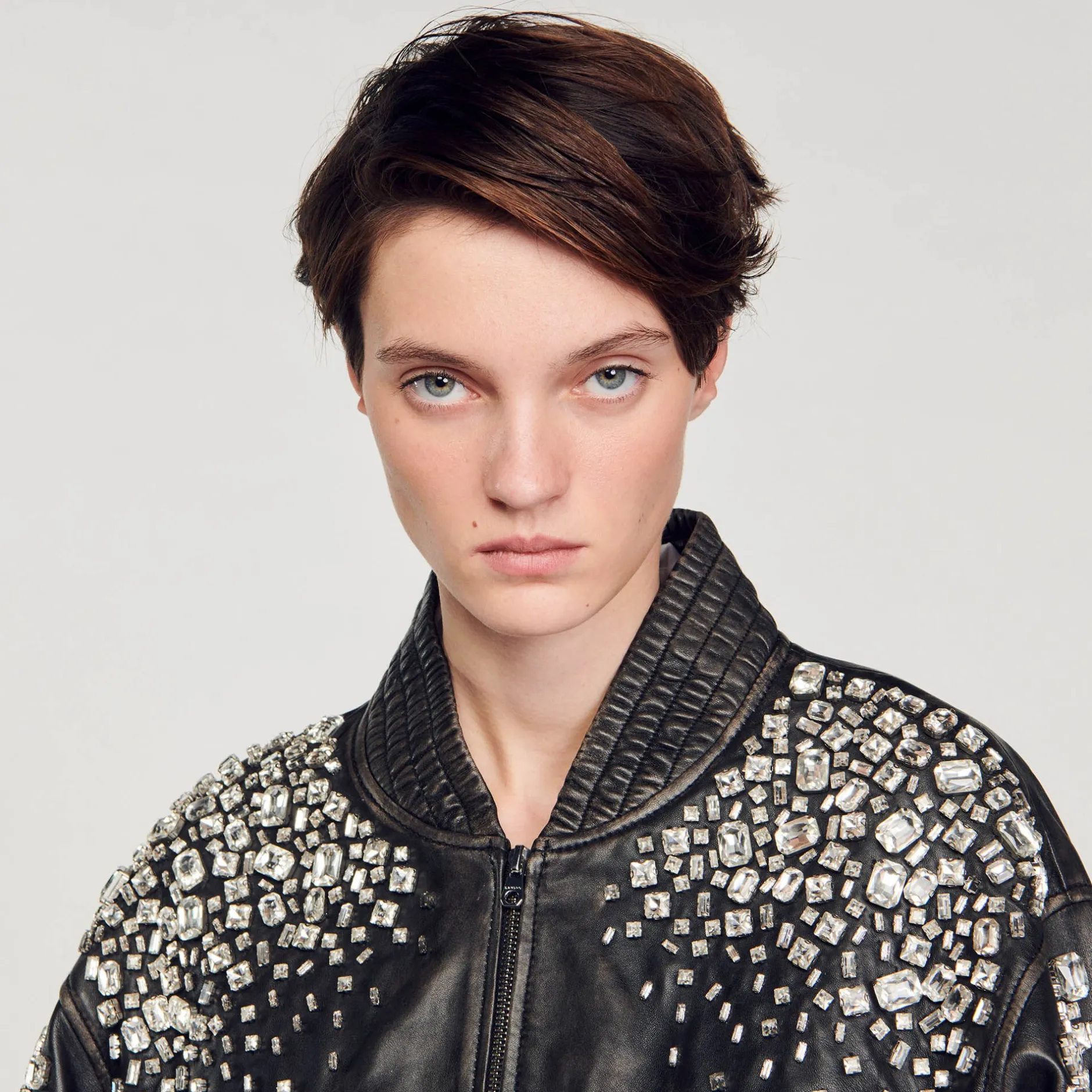 Femme SANDRO Blouson En Cuir Orné De Cristaux