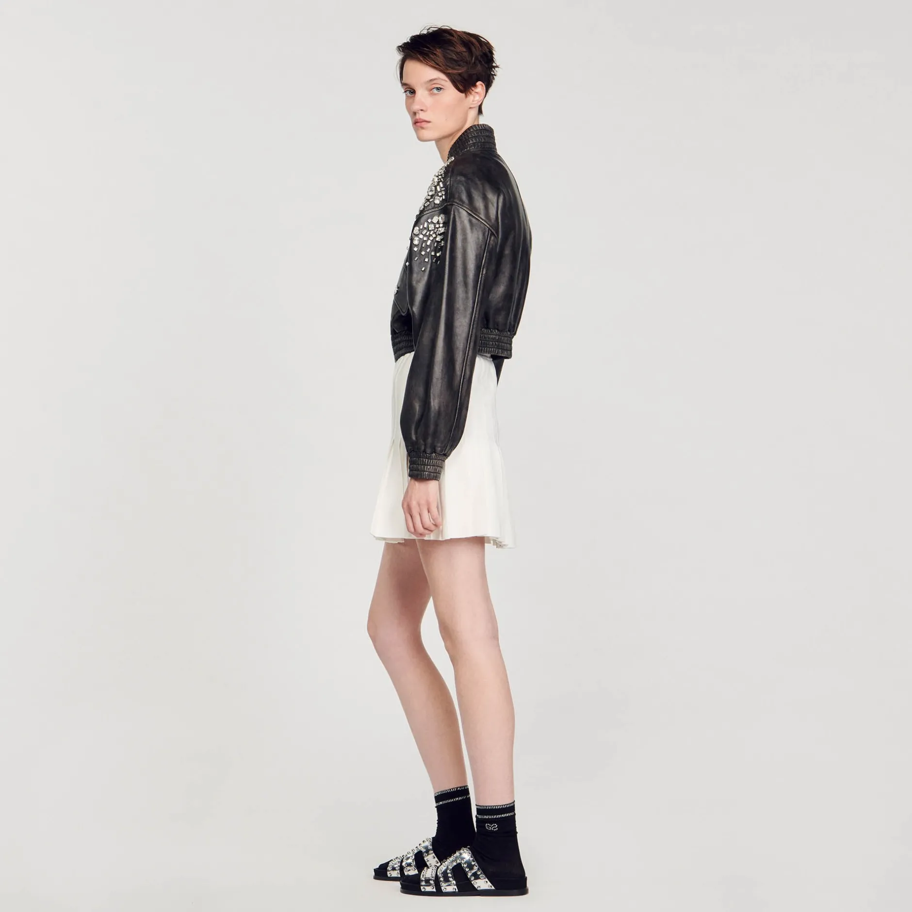 Femme SANDRO Blouson En Cuir Orné De Cristaux