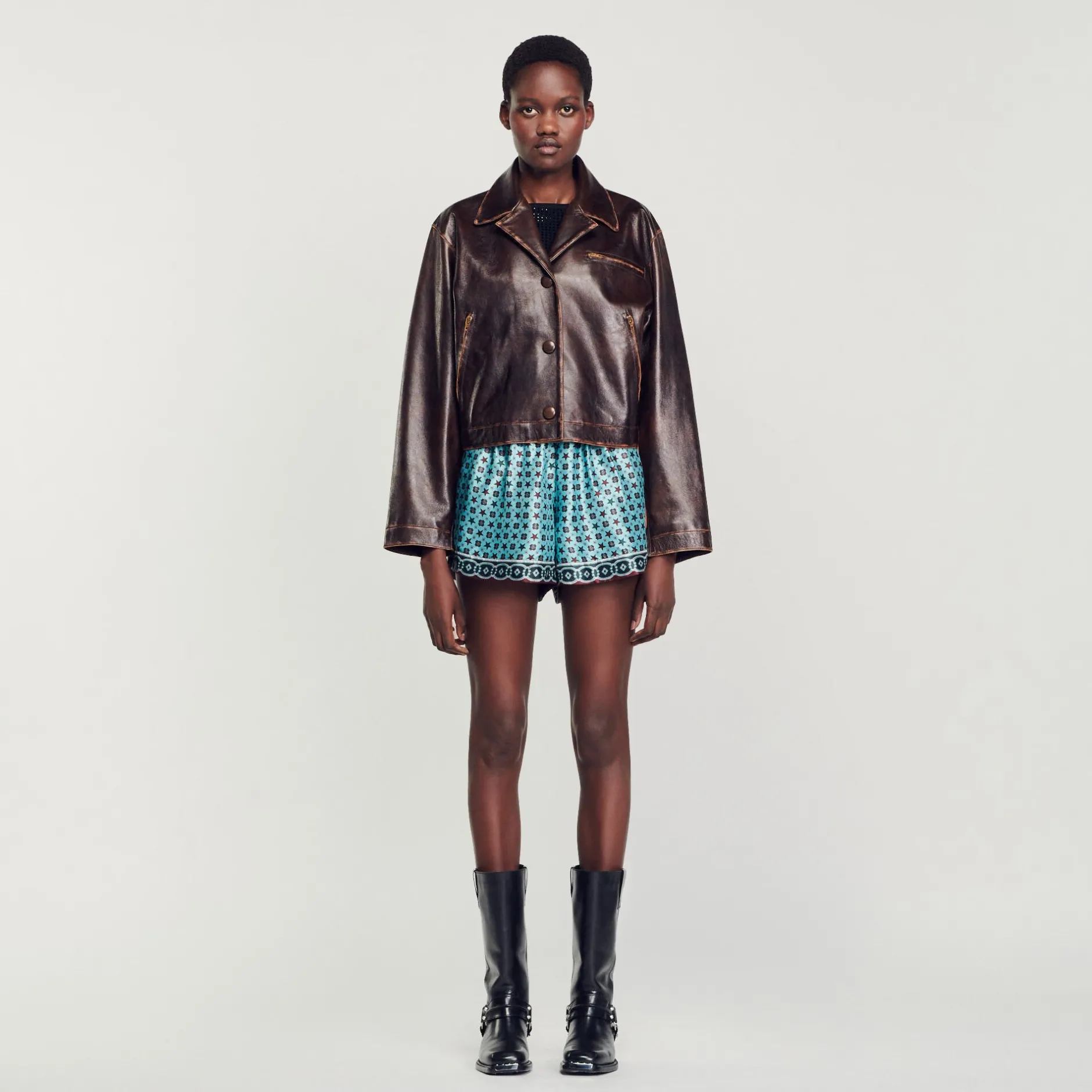 Femme SANDRO Blouson En Cuir Vieilli