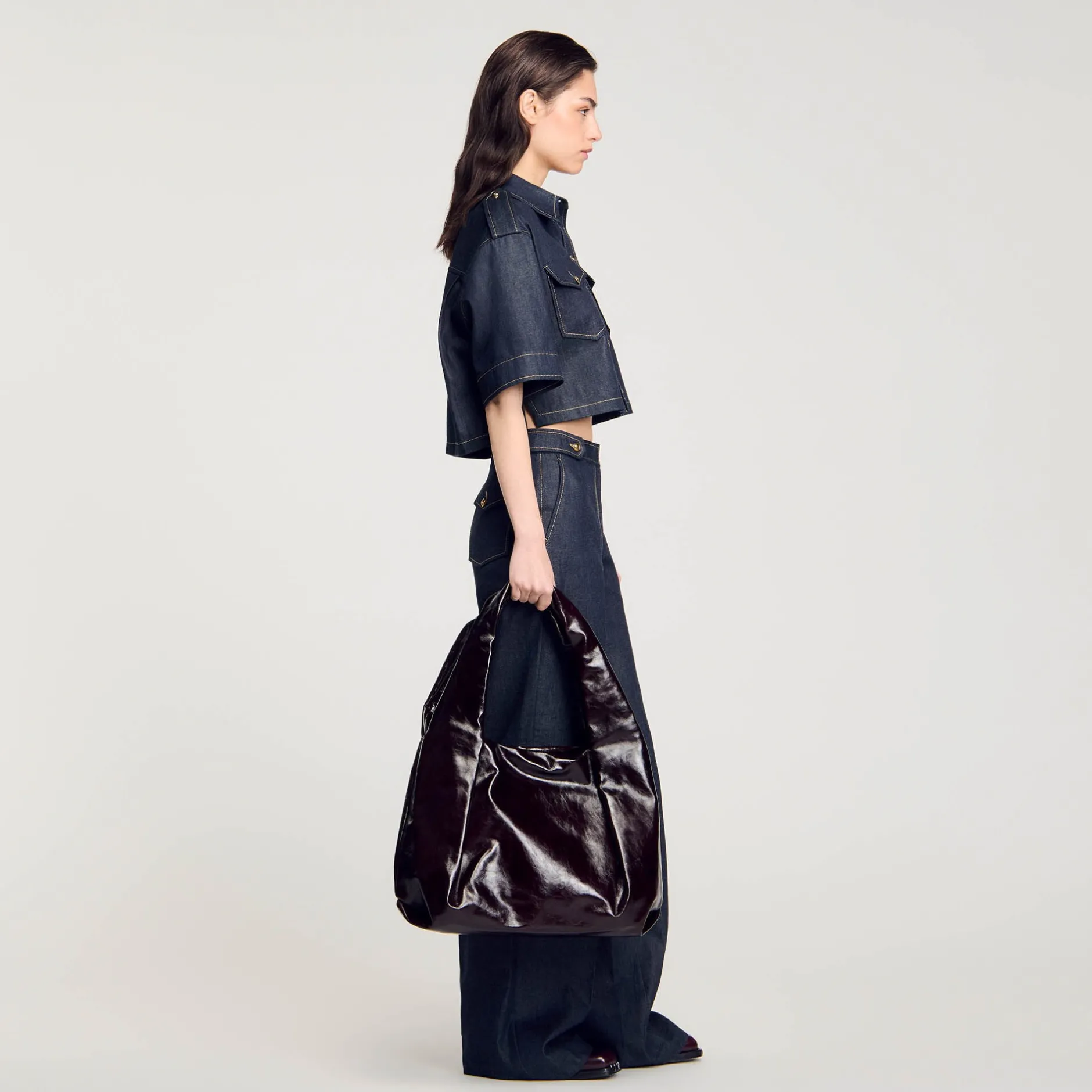 Femme SANDRO Grand Sac En Cuir Brillant