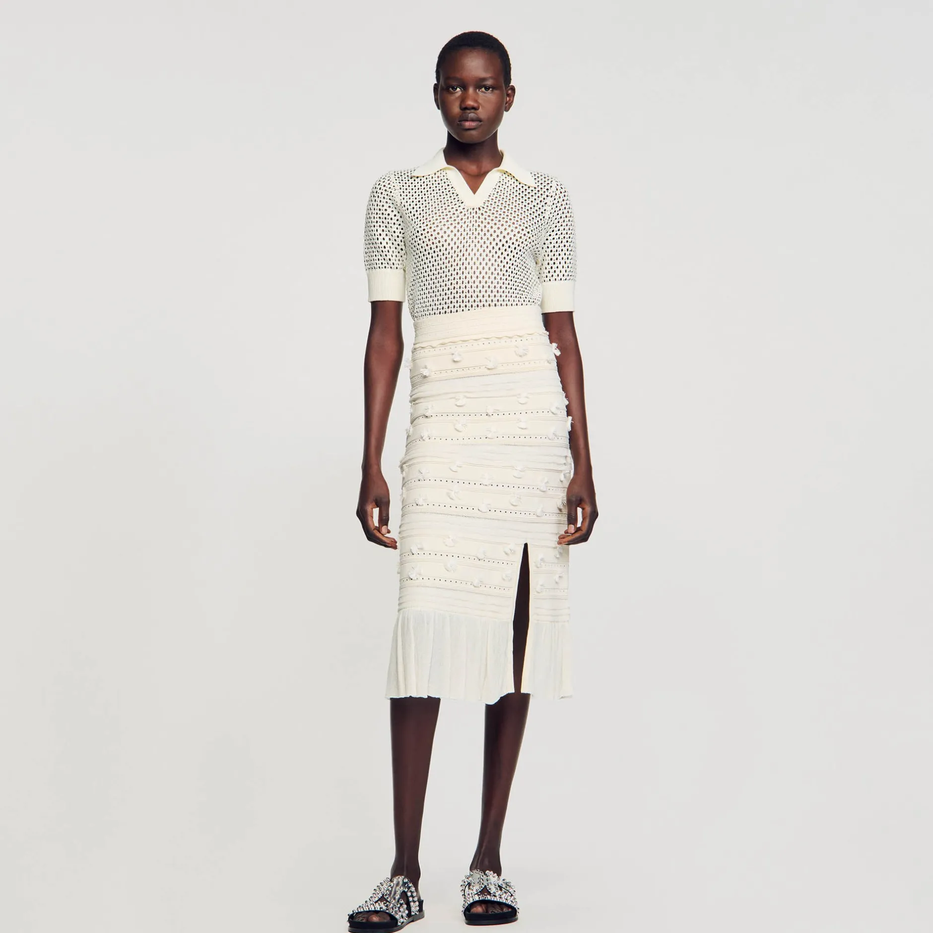 Femme SANDRO Jupe Midi En Maille Ajourée