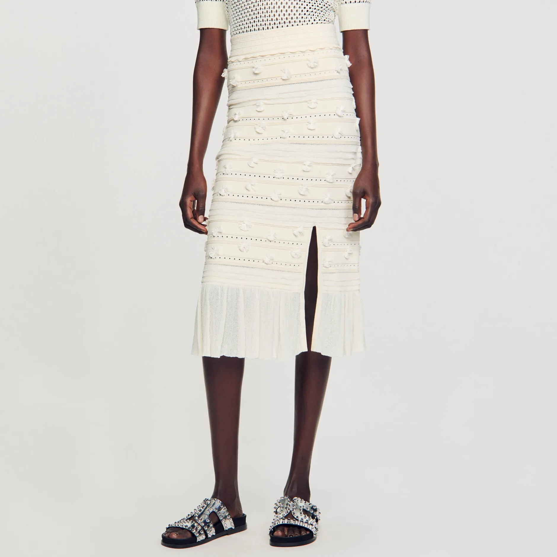 Femme SANDRO Jupe Midi En Maille Ajourée