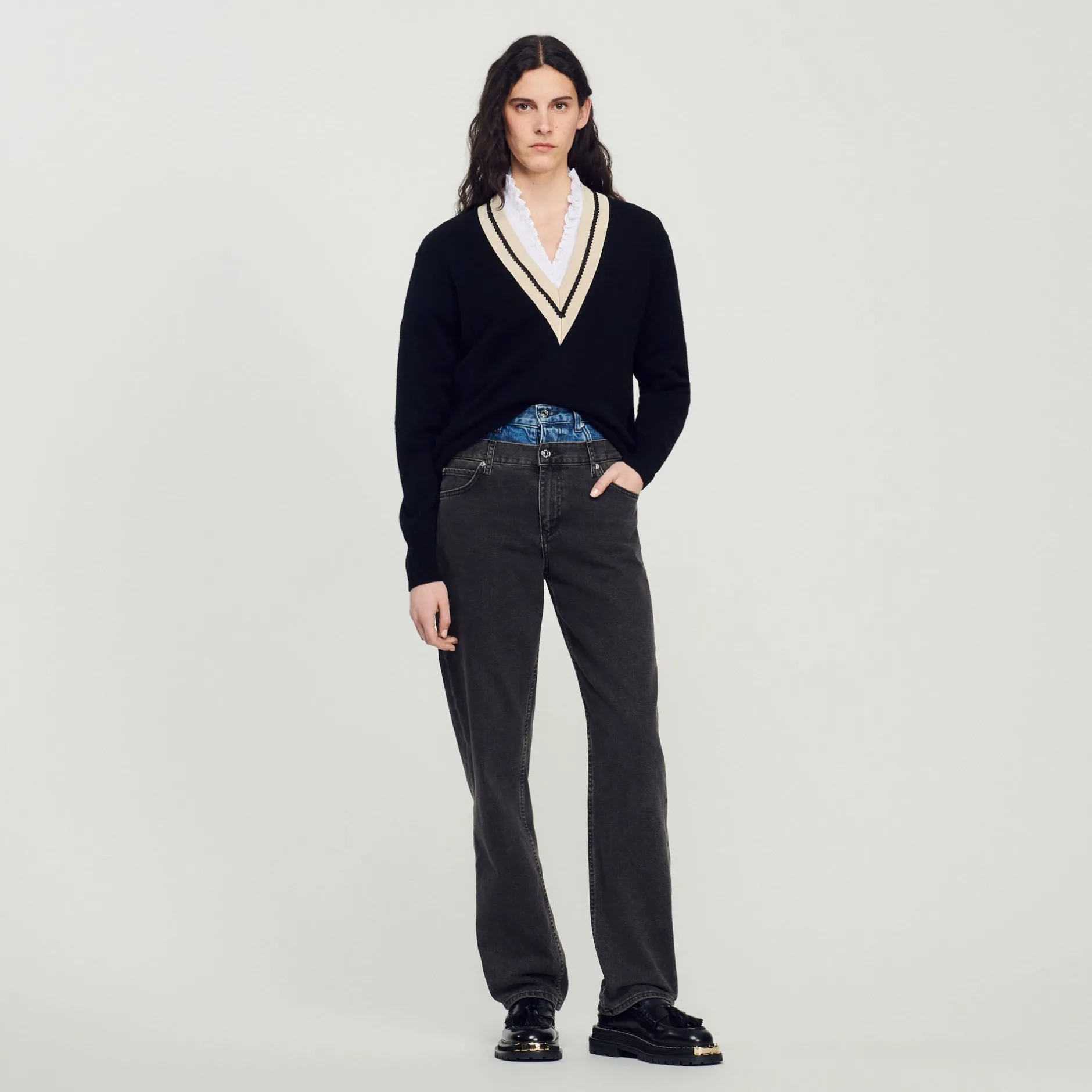 Femme SANDRO Pull Au Col V Contrasté