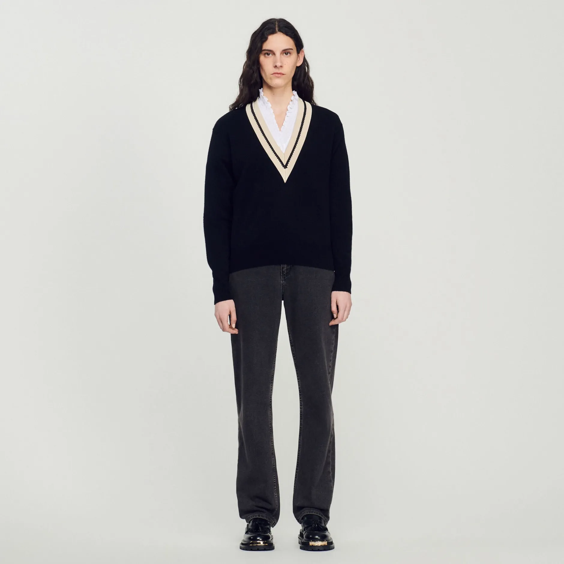 Femme SANDRO Pull Au Col V Contrasté