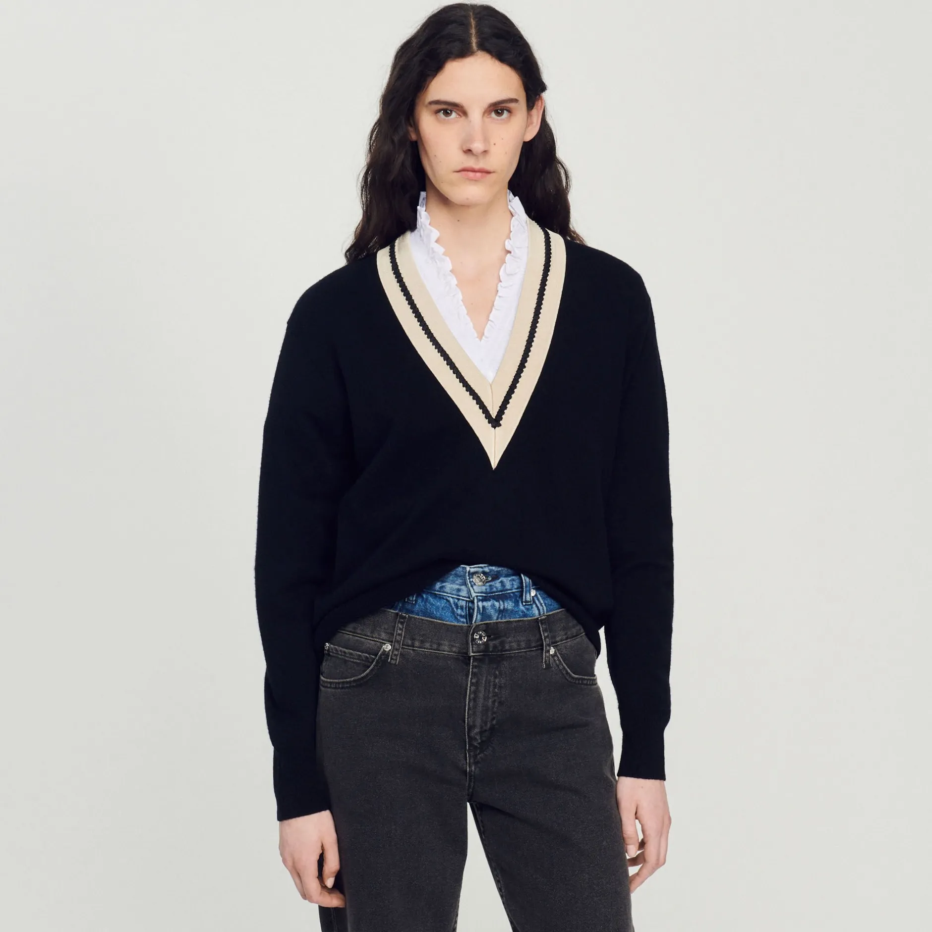 Femme SANDRO Pull Au Col V Contrasté