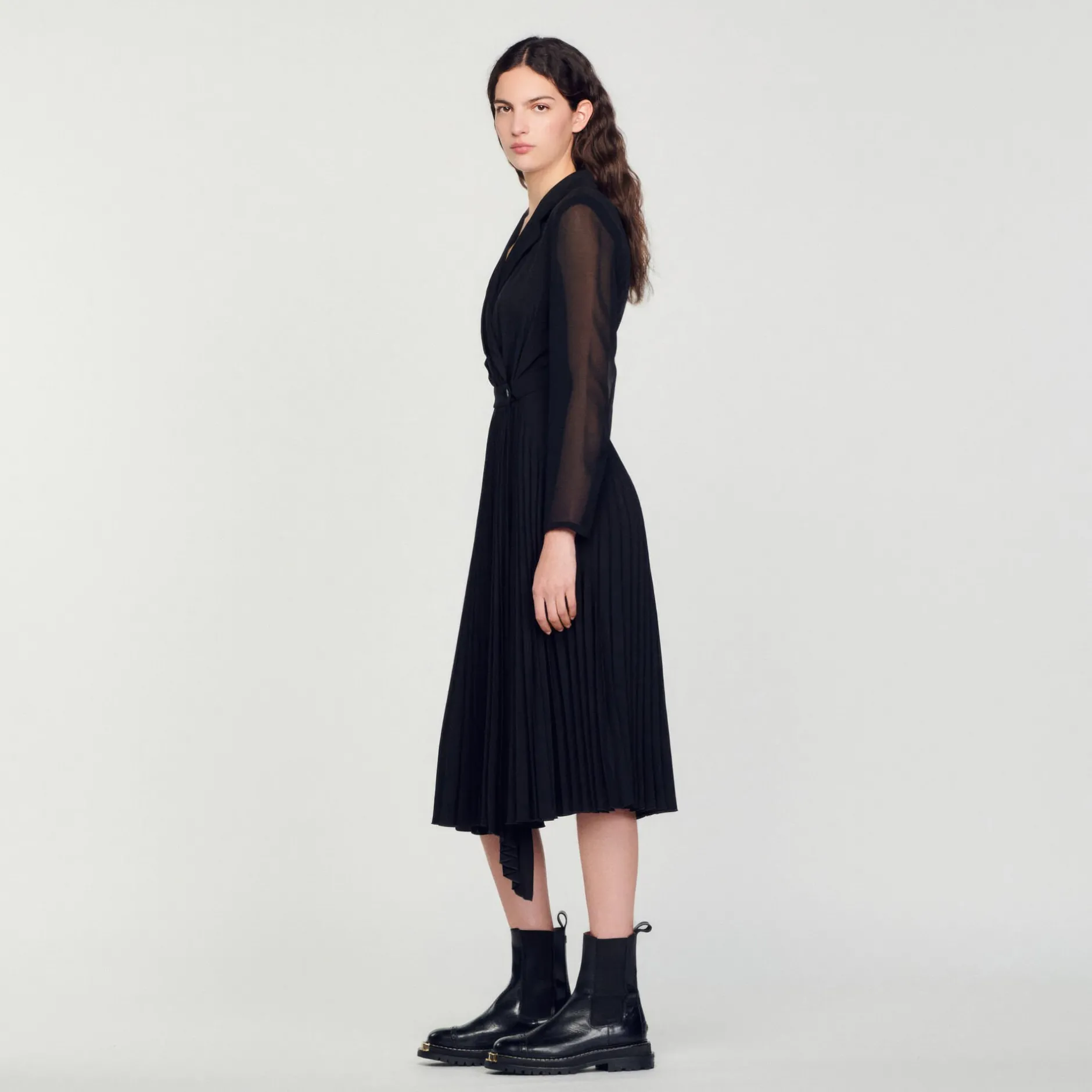 Femme SANDRO Robe Bi-matière à Manches Longues