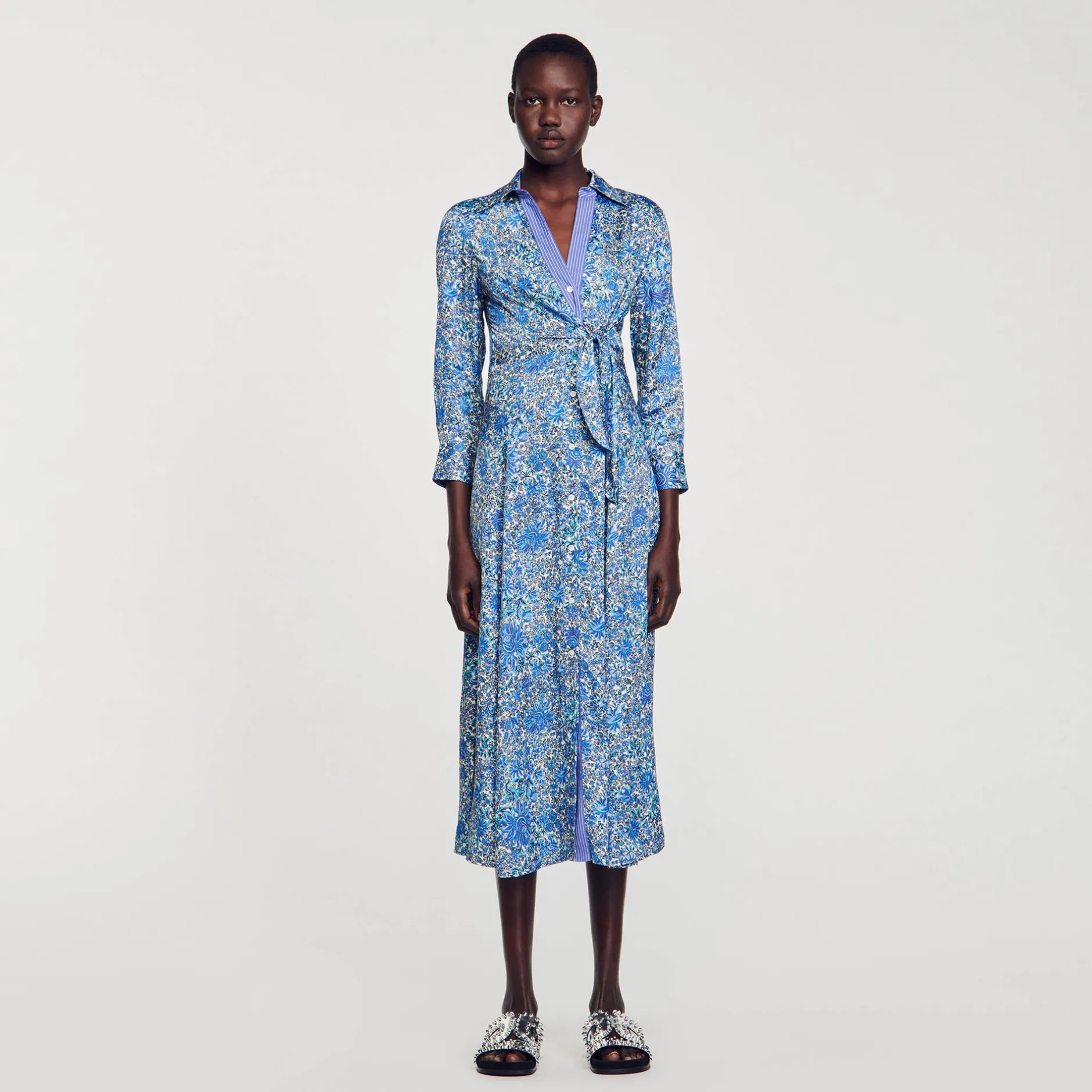 Femme SANDRO Robe Chemise Midi à Imprimé Fleuri