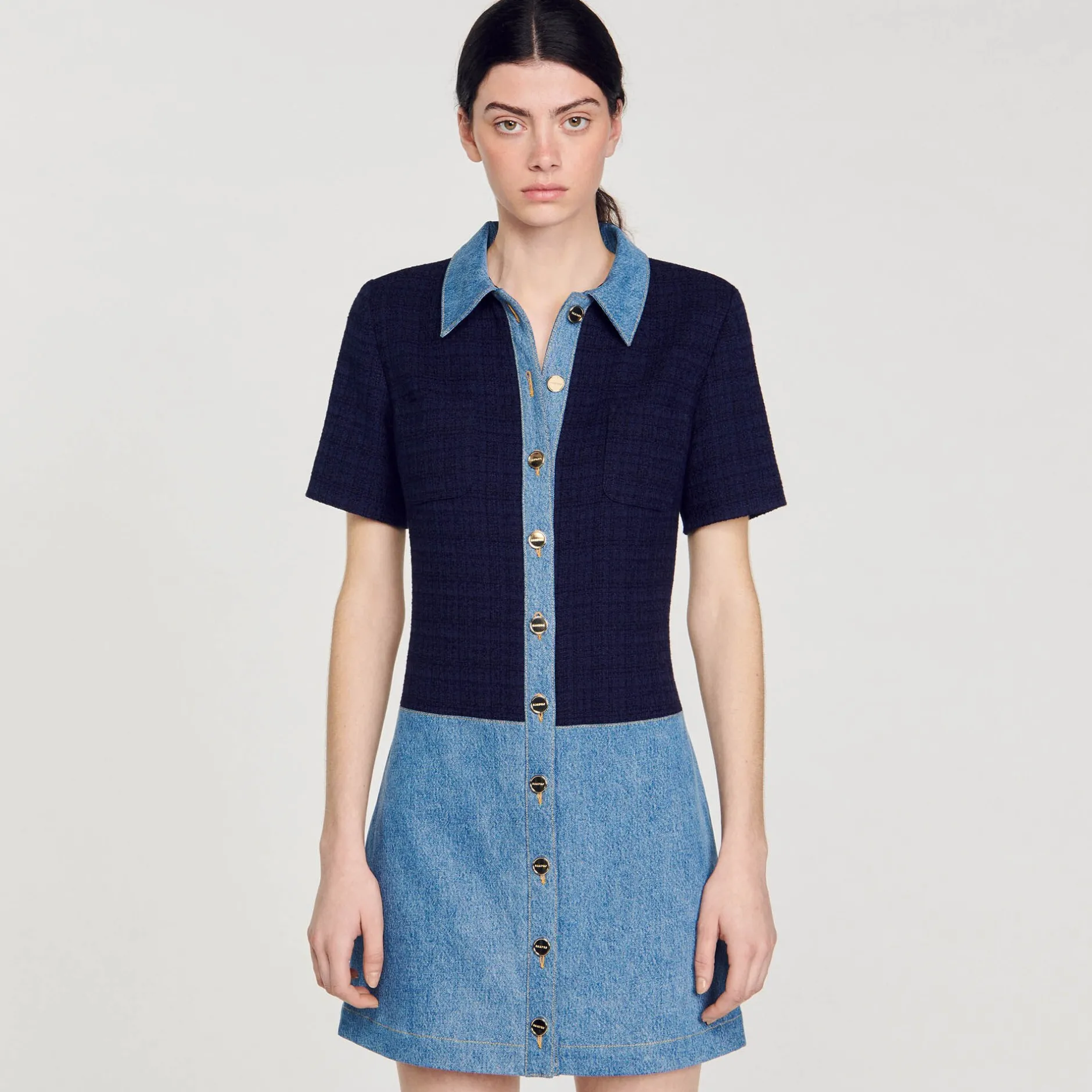 Femme SANDRO Robe Courte En Tweed Et Denim