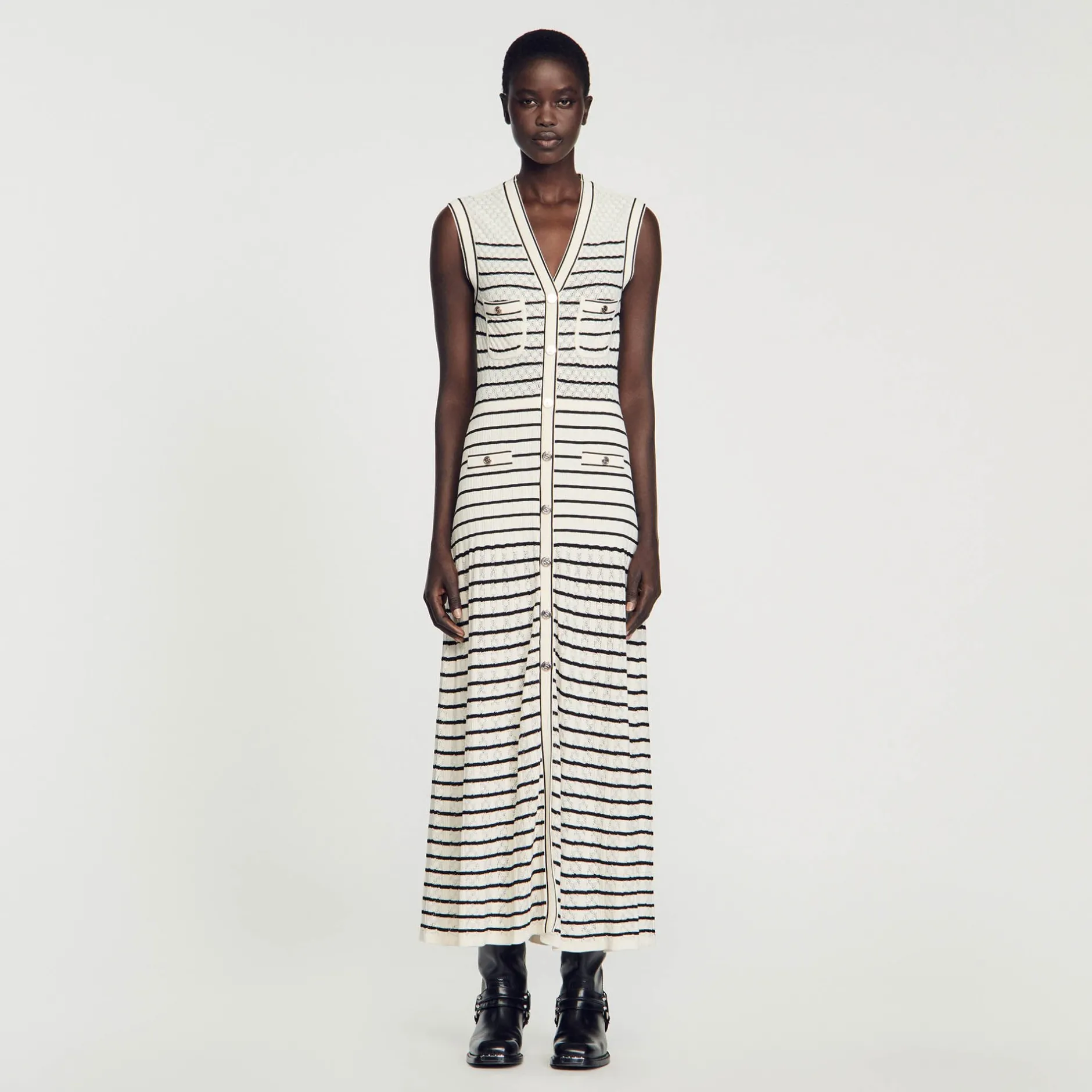Femme SANDRO Robe Midi En Maille à Rayures