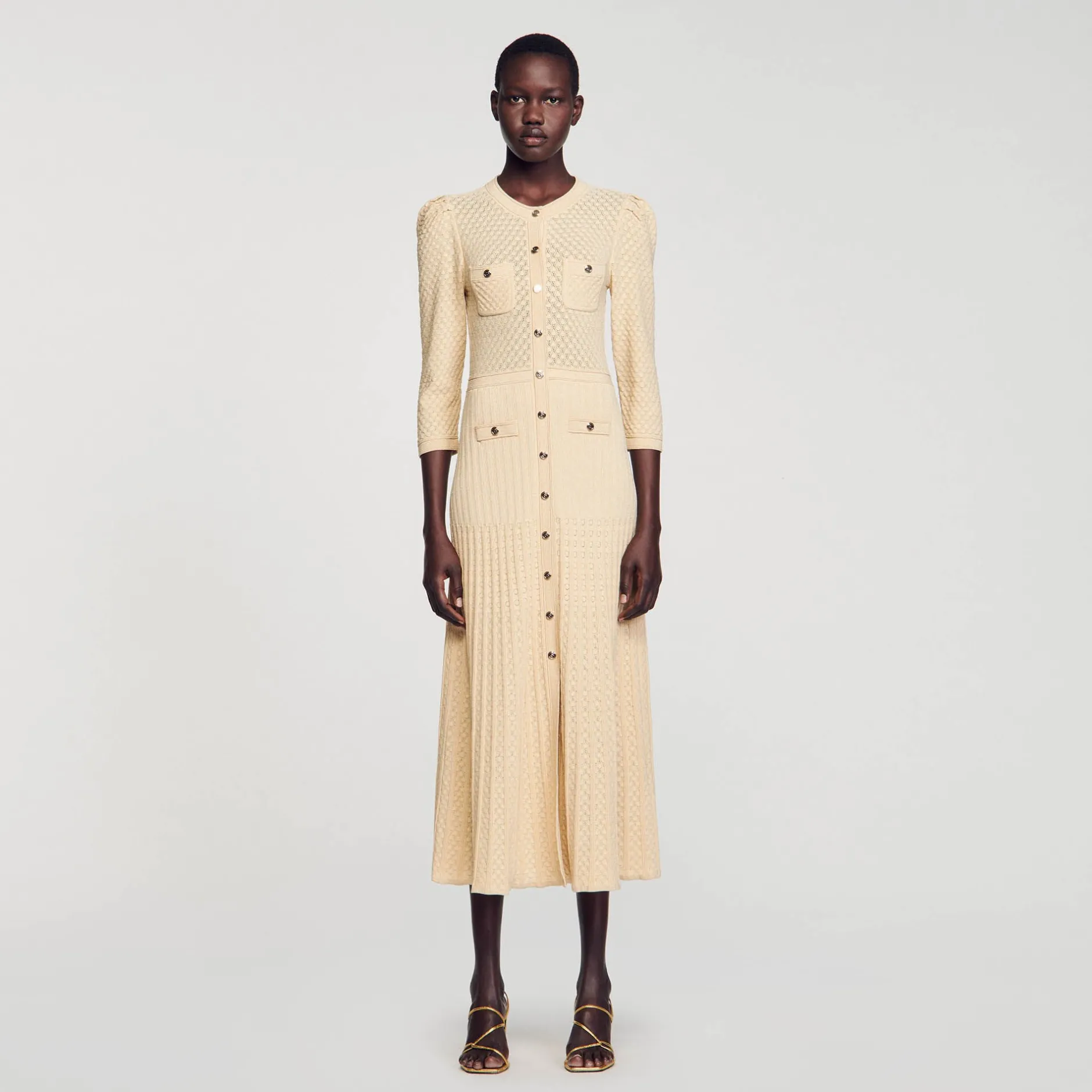 Femme/Homme SANDRO Robe Midi En Maille Pointelle