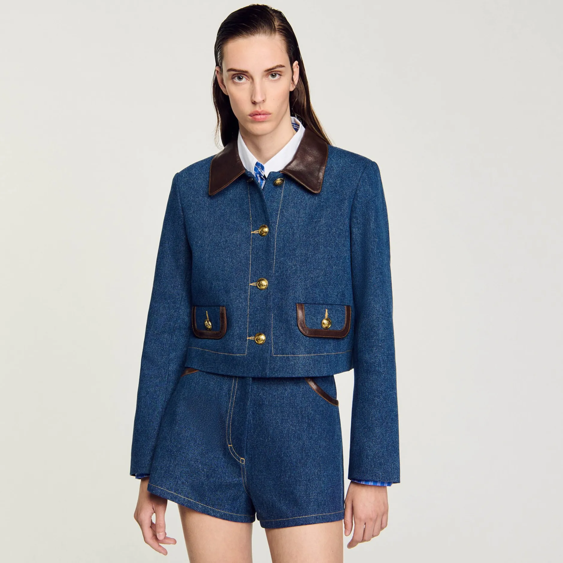 Femme SANDRO Veste En Jean à Col En Cuir