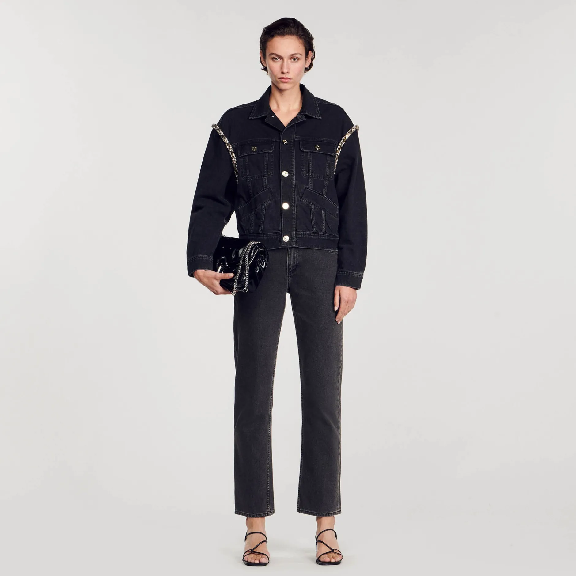 Femme SANDRO Veste En Jean Oversize Strassée