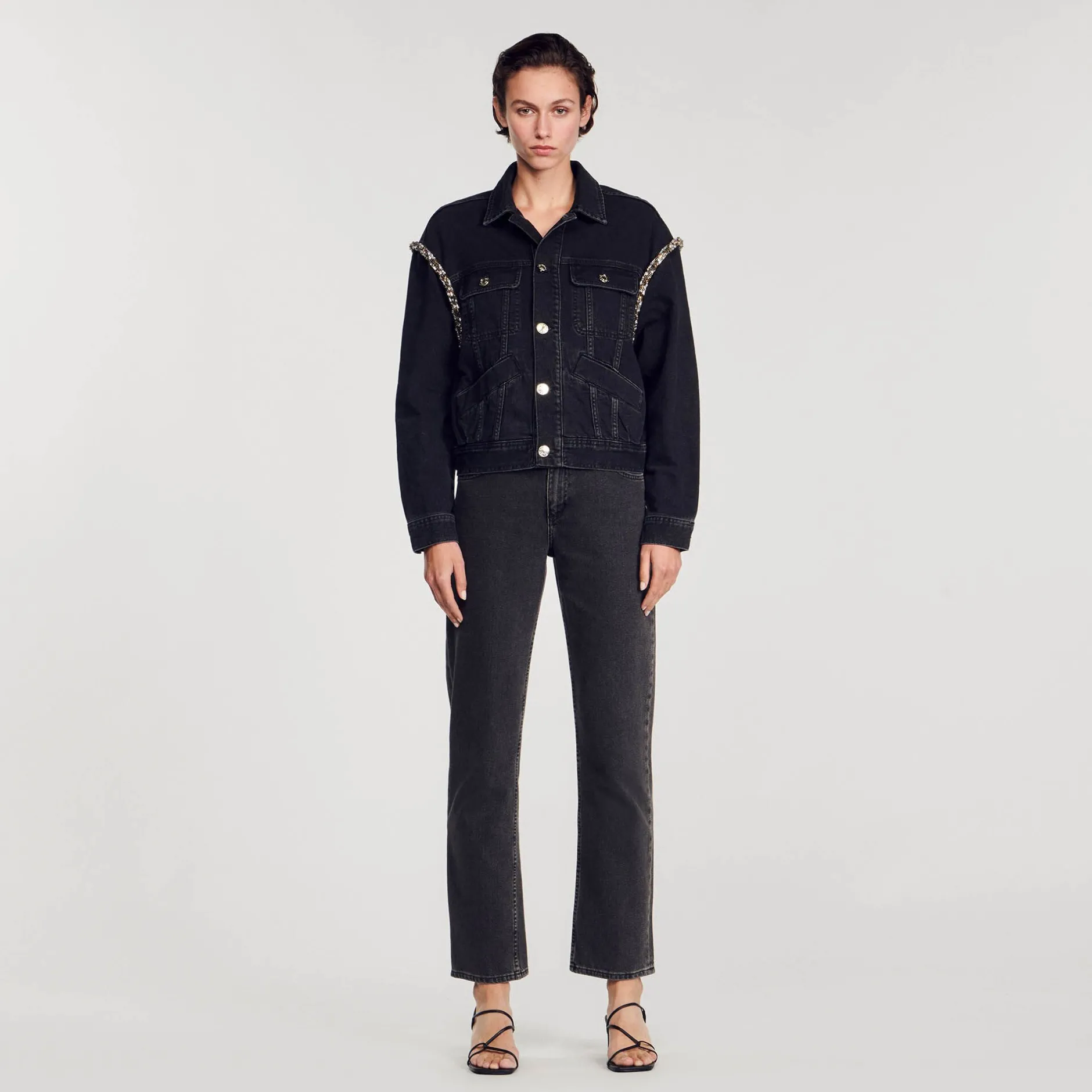 Femme SANDRO Veste En Jean Oversize Strassée