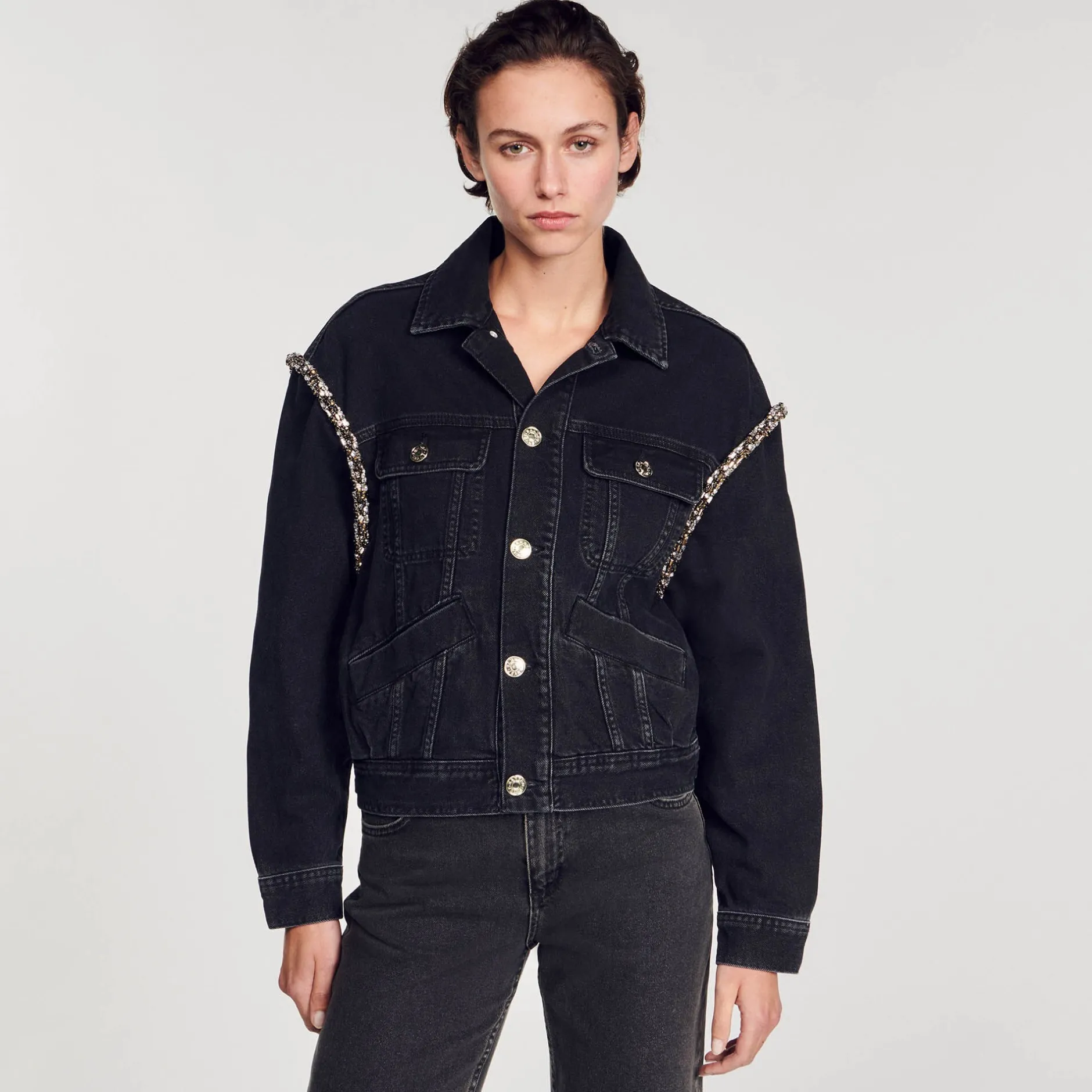 Femme SANDRO Veste En Jean Oversize Strassée